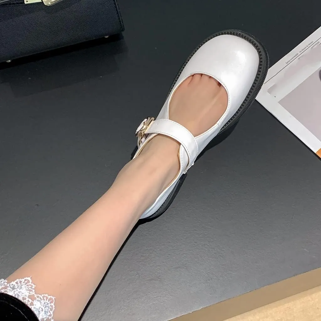 Women's Mary Jane Oxford Shoes Flats Vintage Round Toe Leather Buckle Strap Low Heel Girls Dress Shoe