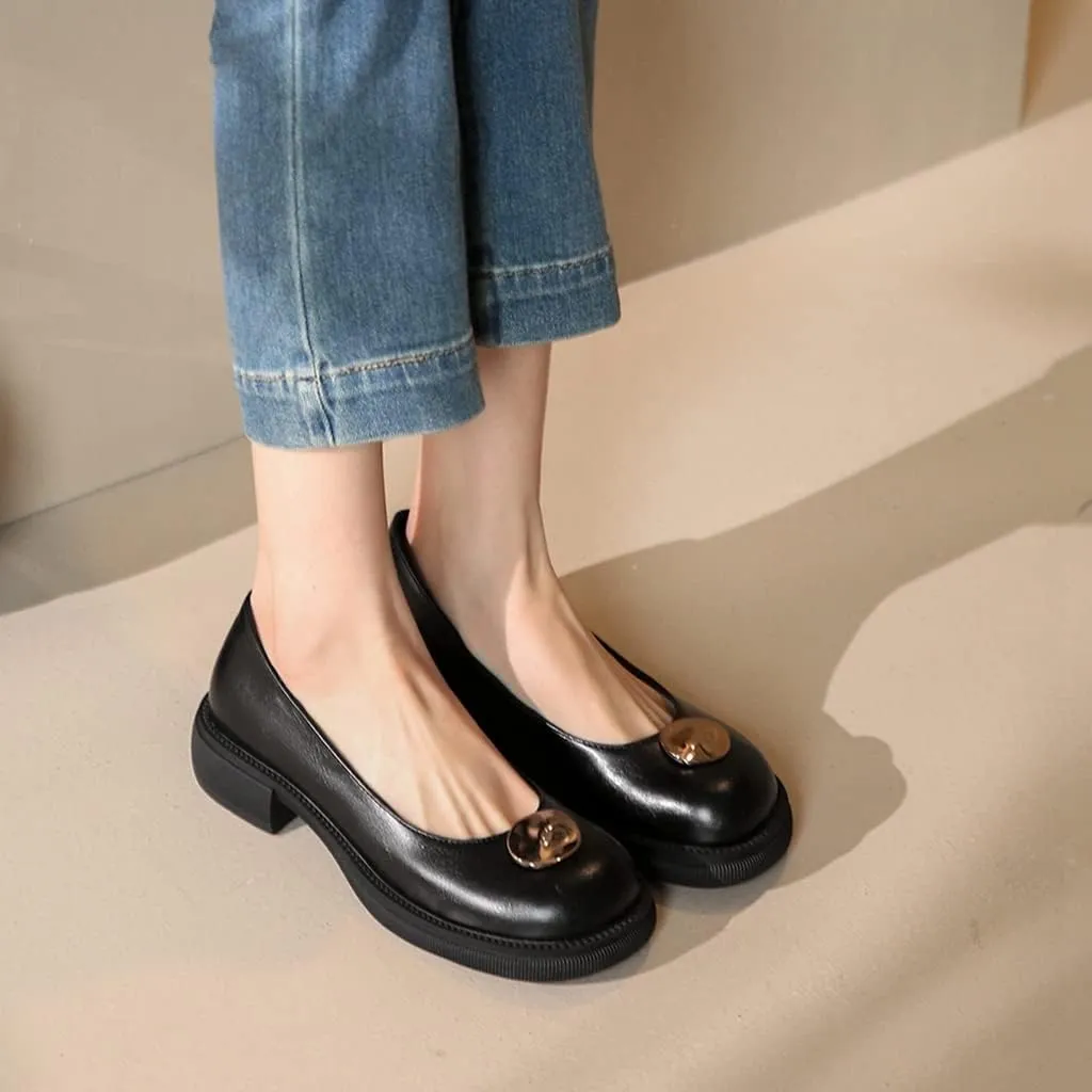 Women's Slip On Loafers Flats Vintage Round Toe Leather Metallic Low Heel Girls Dress Oxford Shoes
