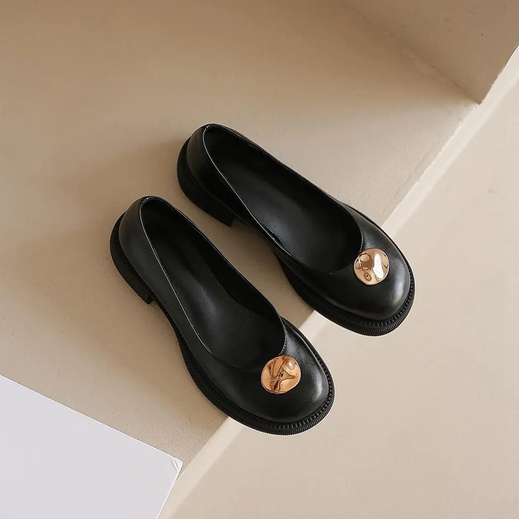 Women's Slip On Loafers Flats Vintage Round Toe Leather Metallic Low Heel Girls Dress Oxford Shoes