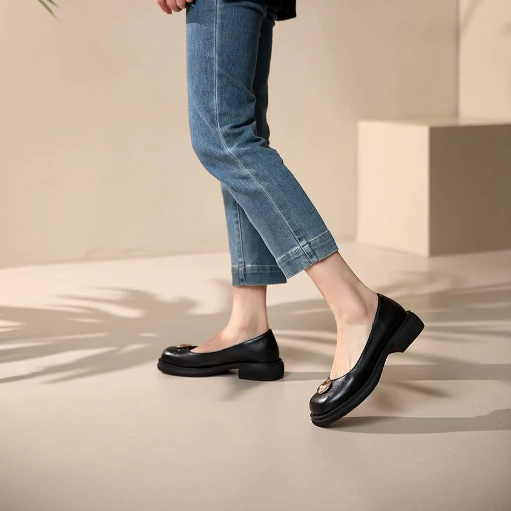 Women's Slip On Loafers Flats Vintage Round Toe Leather Metallic Low Heel Girls Dress Oxford Shoes