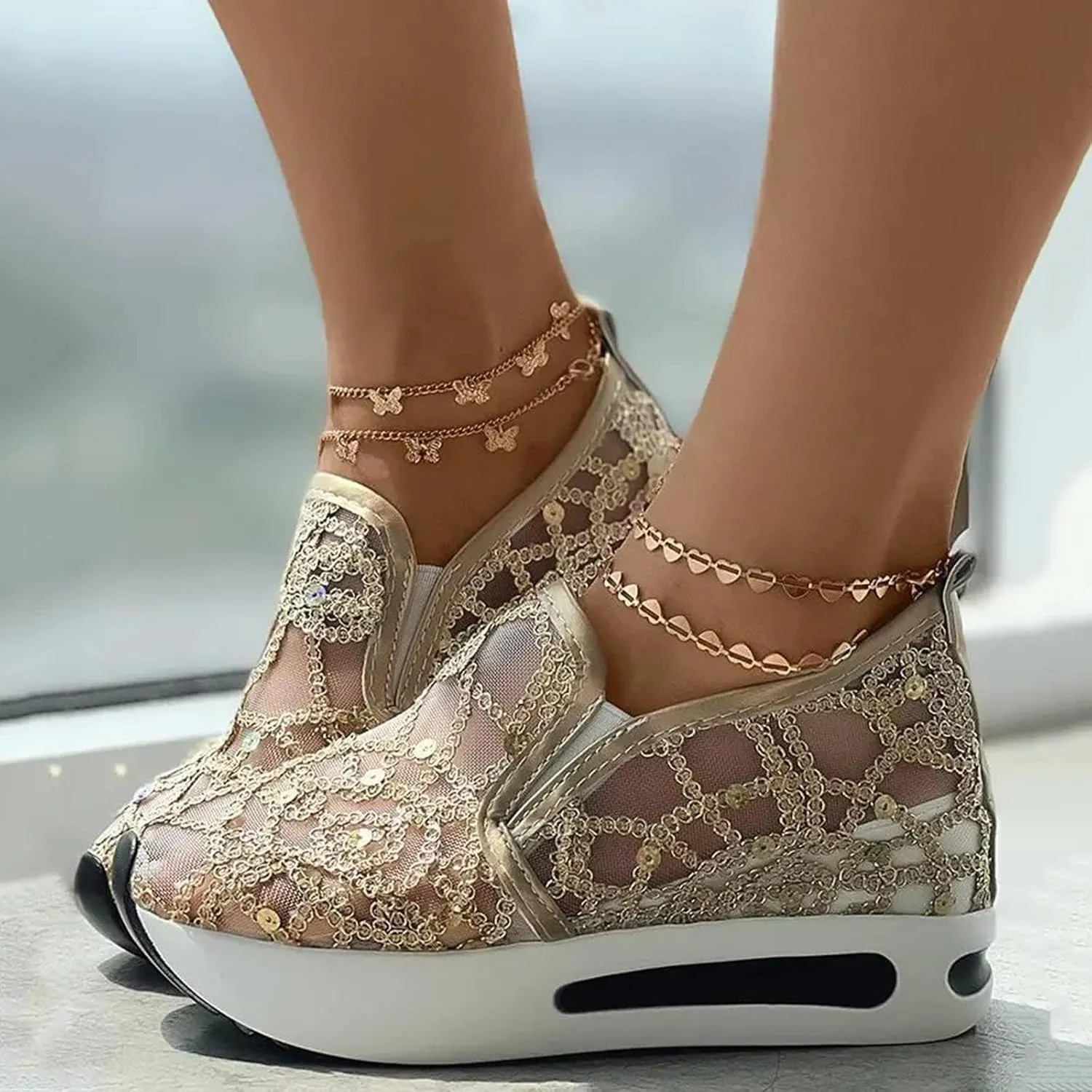 ZWRXW Platform Sneakers for Women Summer Lace Mesh Platform Shoes Chunky Lightweight Comfortable Casual Sneakers Outdoor Walking Fashion Shoes