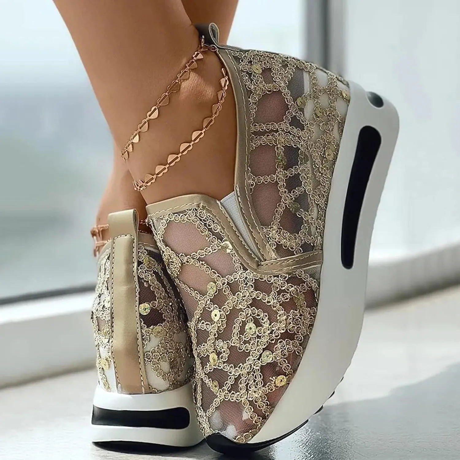 ZWRXW Platform Sneakers for Women Summer Lace Mesh Platform Shoes Chunky Lightweight Comfortable Casual Sneakers Outdoor Walking Fashion Shoes