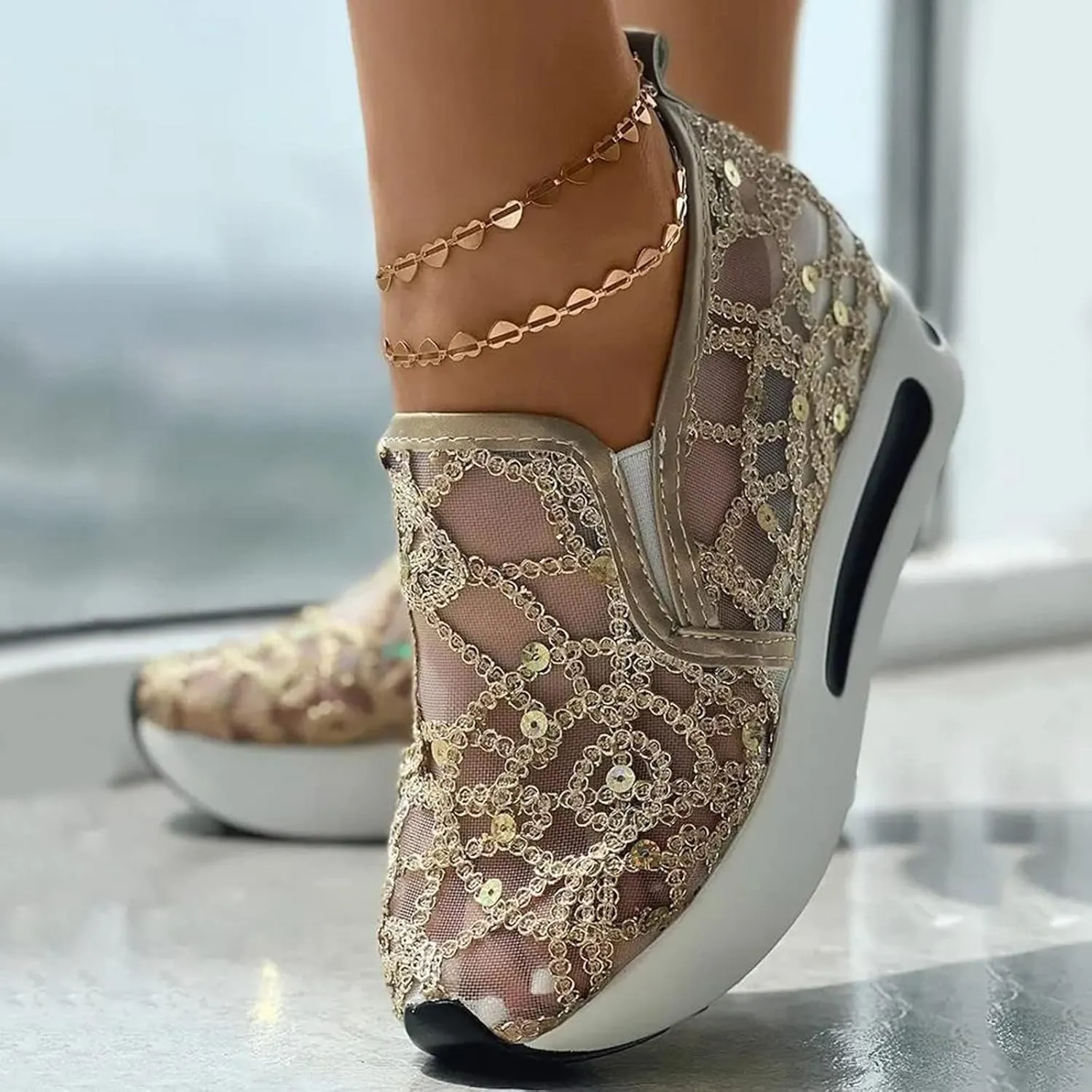ZWRXW Platform Sneakers for Women Summer Lace Mesh Platform Shoes Chunky Lightweight Comfortable Casual Sneakers Outdoor Walking Fashion Shoes
